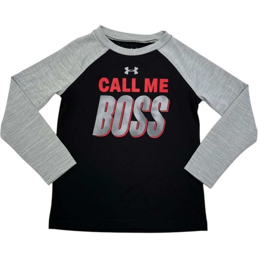Under Armour Shirt Boys Size 5 Black Gray Call Me Boss Long Sleeve Graphic Good